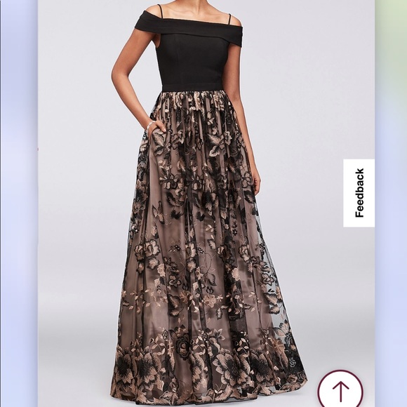 Night Way Collections Dresses & Skirts - NIGHTWAY Black and Soft Pink Embroidered Floral Off Shoulder Evening Gown Size 6